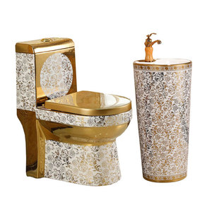 Luxury Modern Bathroom Ceramic One-Piece Gold Flower Pattern Toilet