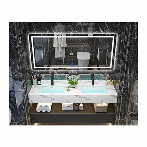 George Group Customized Modern Design Luxury Hotel Floating Wall-Mounted PVC Solid Wood Plywood LED Lighted Bathroom Vanity
