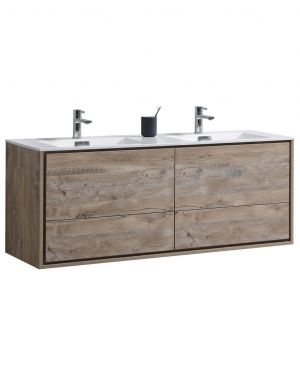 De Lusso 60 Double Sink Nature Wood Wall Mount Modern Bathroom Vanity