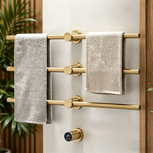 Modern 3 Round Bars Heated Towel Rails Hidden Install 304 Stainless Steel Brushed Brass Gold Electric Towel Rack for Bathroom