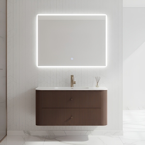 Modern Design Round Corner Vanity Bathroom Cabinet One-Piece Ceramic Basin LED Mirror Wall-Mounted Soft Close Plywood Vanity