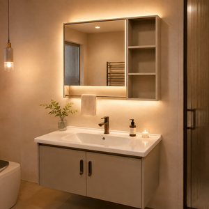 Modern Hotel Use Bathroom Vanity Set Smart Mirror Cabinet Wall-Mounted Storage Vanity Unit Ceramic Material 3-Year Warranty
