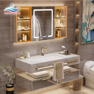 2026 Luxury European Floating Bathroom Vanity Cabinet, Equipped with LED Mirror and Ceramic Basin, for Apartment Sale