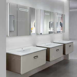 Modern Waterproof Ceramic Wash Basin Bathroom Vanities with Smart Mirror Hotel Wall Mounted Plywood Bathroom Cabinet Set