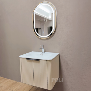 Modern Design Corner PVC Wall-Mounted Vanity Combo Bathroom Cabinet Ceramic Basin LED Mirror Khaki Stripe Waterproof Storage