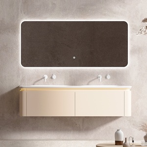 Luxury Design High-end 18MM PVC Wall Mounted Cabinet Smart LED Mirror Wall Hung Bathroom Vanity With Double Ceramic Wash Basin