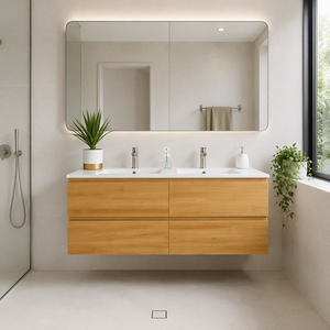 Modern Floating Double Sink Bathroom Vanity Cabinet With LED Mirror Wood Grain Four Drawers Custom OEM Hotel Project Furniture
