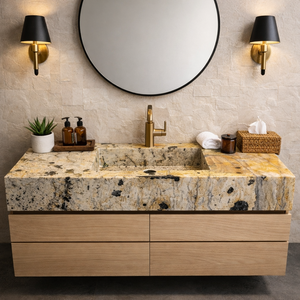 YUANDA Pandora Quartzite Bathroom Vanity Top with Integrated Sink Floating Oak Cabinet Custom for Hotel Projects
