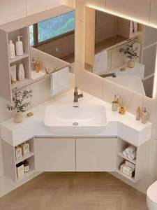 New Corner Bathroom Cabinet Set with Aircraft-Shaped Triangular Basin Marble/Stone Slab Wall-Mounted Smart Mirror Included